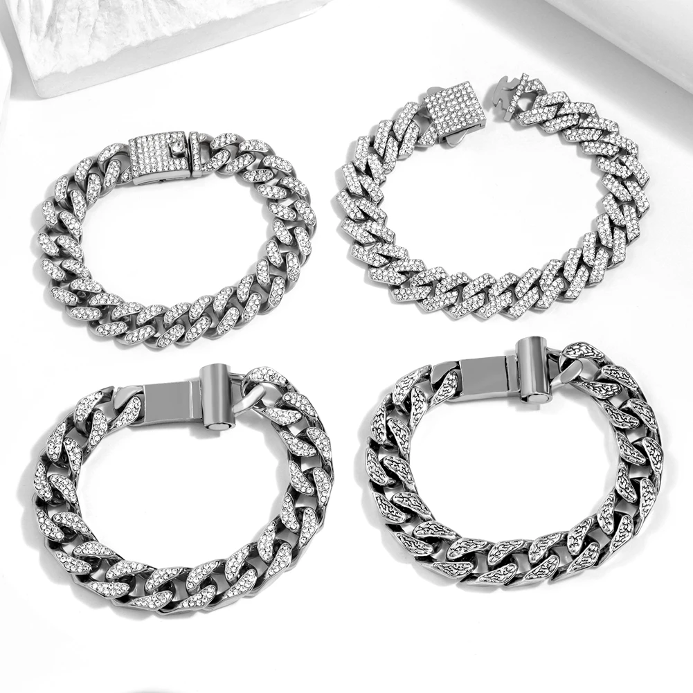 4PCS Luxury Cuban Chain Men Bracelet Set  Hip Hop Bling Full Rhinestone Miami Rhinestone Fashion Jewelry Gift 7/8/9inch