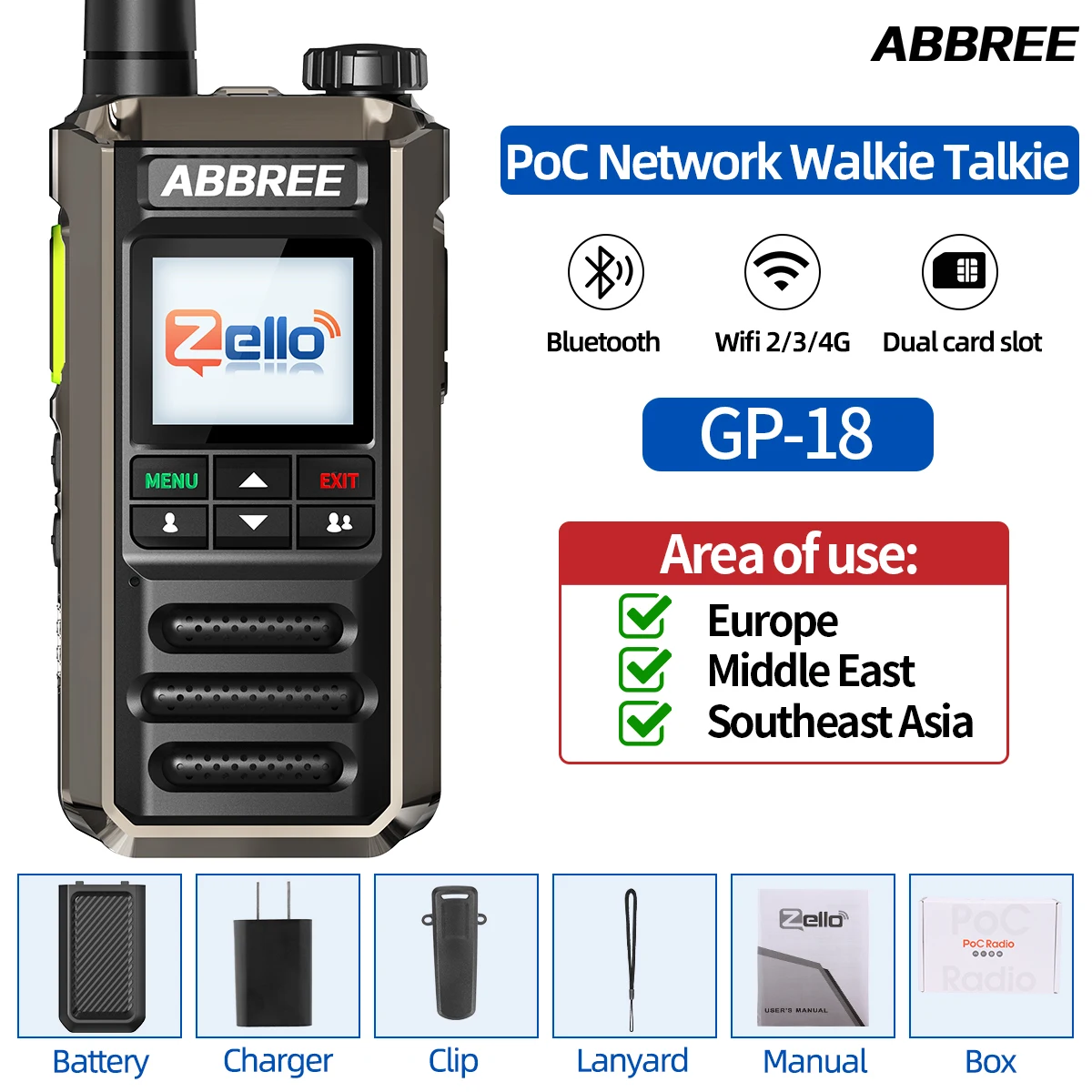 ABBREE GP-18 Zello PoC Radio Global Onbeperkt Afstand Dual Sim-kaartsleuven Android Bluetooth Zaklamp WIFI 3G /4G Netwerk Radio
