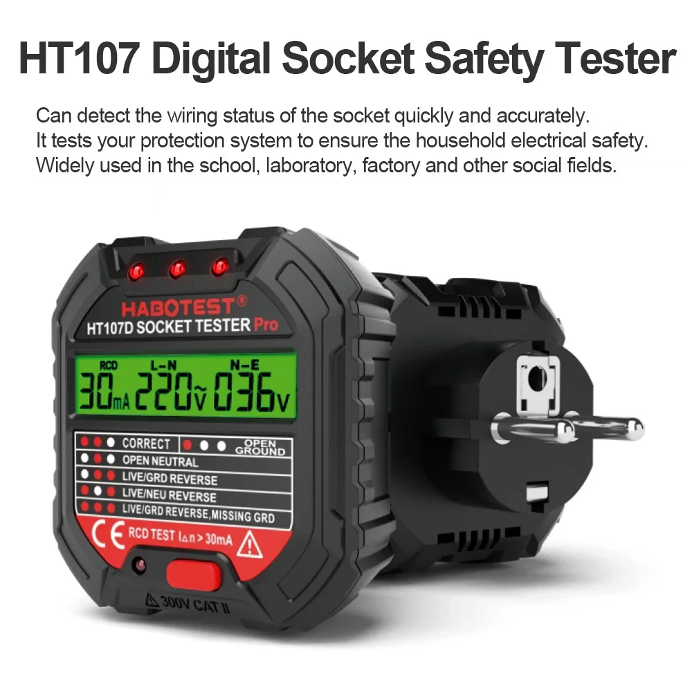 HT106/HT107 Digital Outlet Socket Detector Voltage Test Socket Testers US/UK/EU Plug Ground Zero Line Phase Check RCD NCV Tester