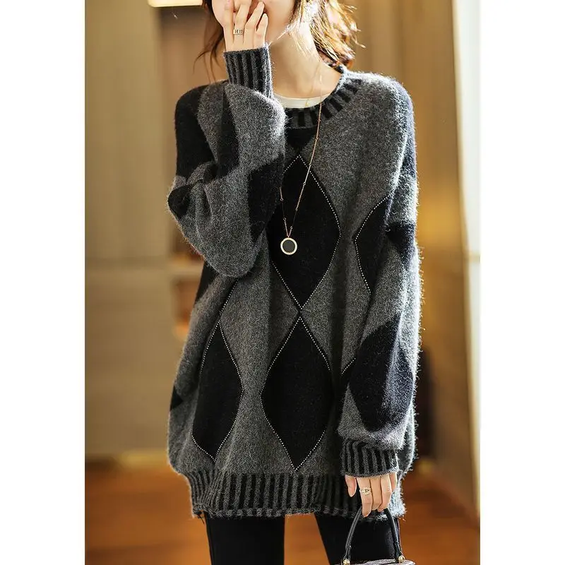 

Women Fashion Patchwork Rhinestone Pullover Sweater 2024 New Autumn Winter Clothes Casual O-neck Loose Female Knit Shirt