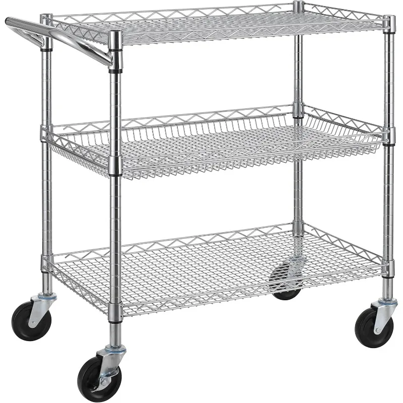 3 Tier Heavy Duty Commercial Grade Utility Cart, Wire Rolling Cart with Handle Bar, Steel Service Cart with Wheels, Uti