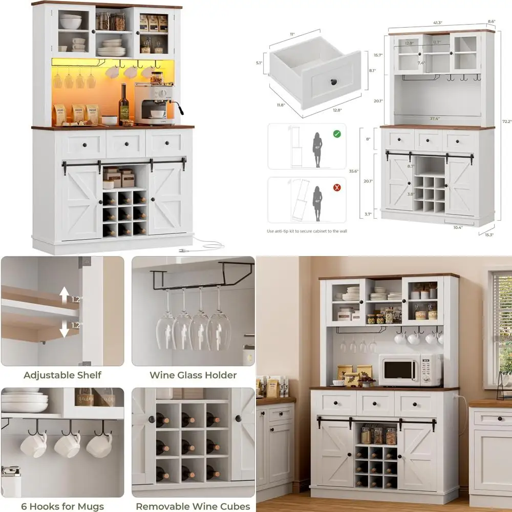 Large Kitchen Hutch Cabinet with Storage, Power Outlet, and LED Lighting, Featuring 3 Drawers and Wine Storage