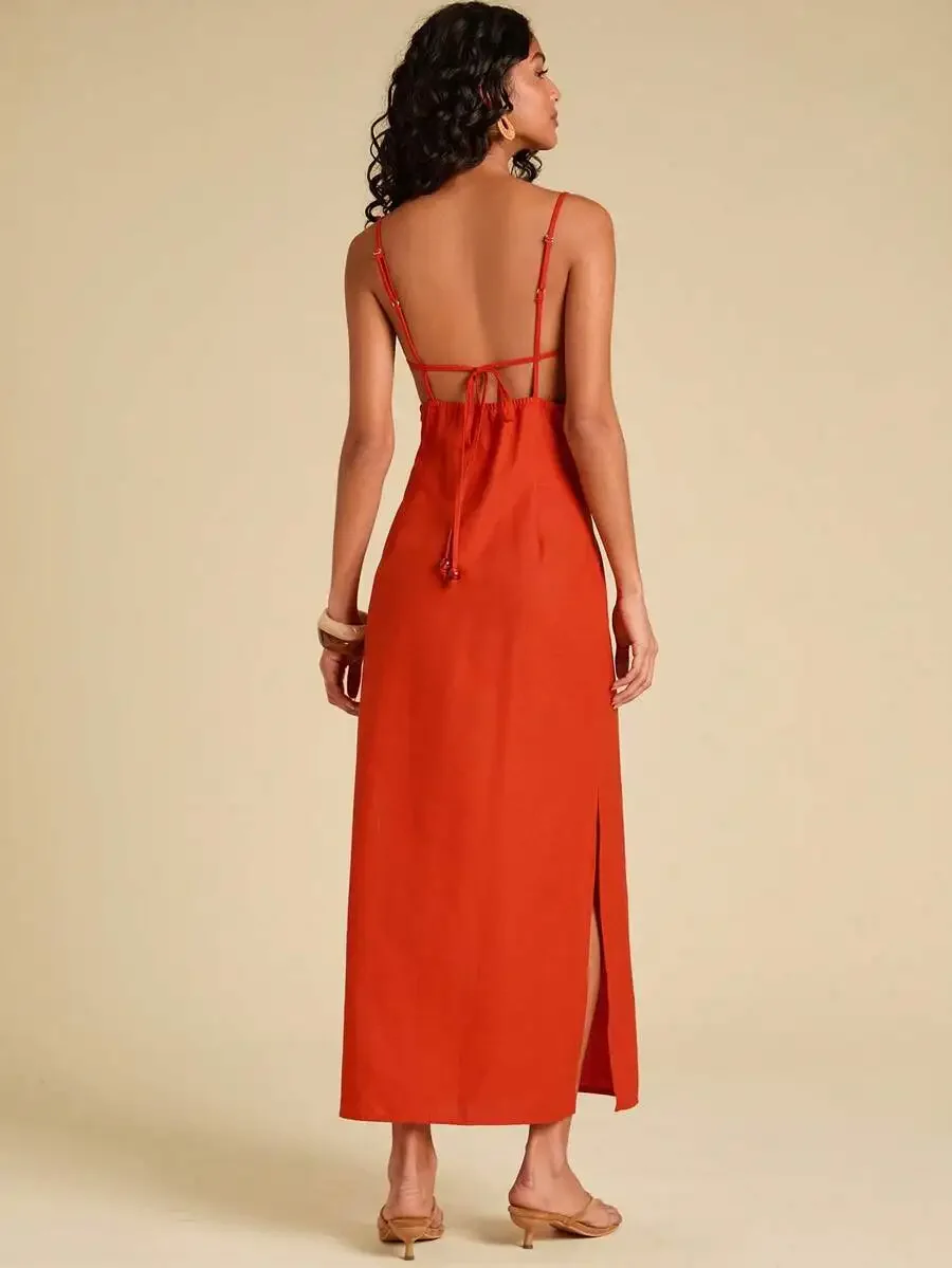 

Solid Color Camisole Maxi Dress With Back Tie Straps For Women Summer Beach Casual Outfit