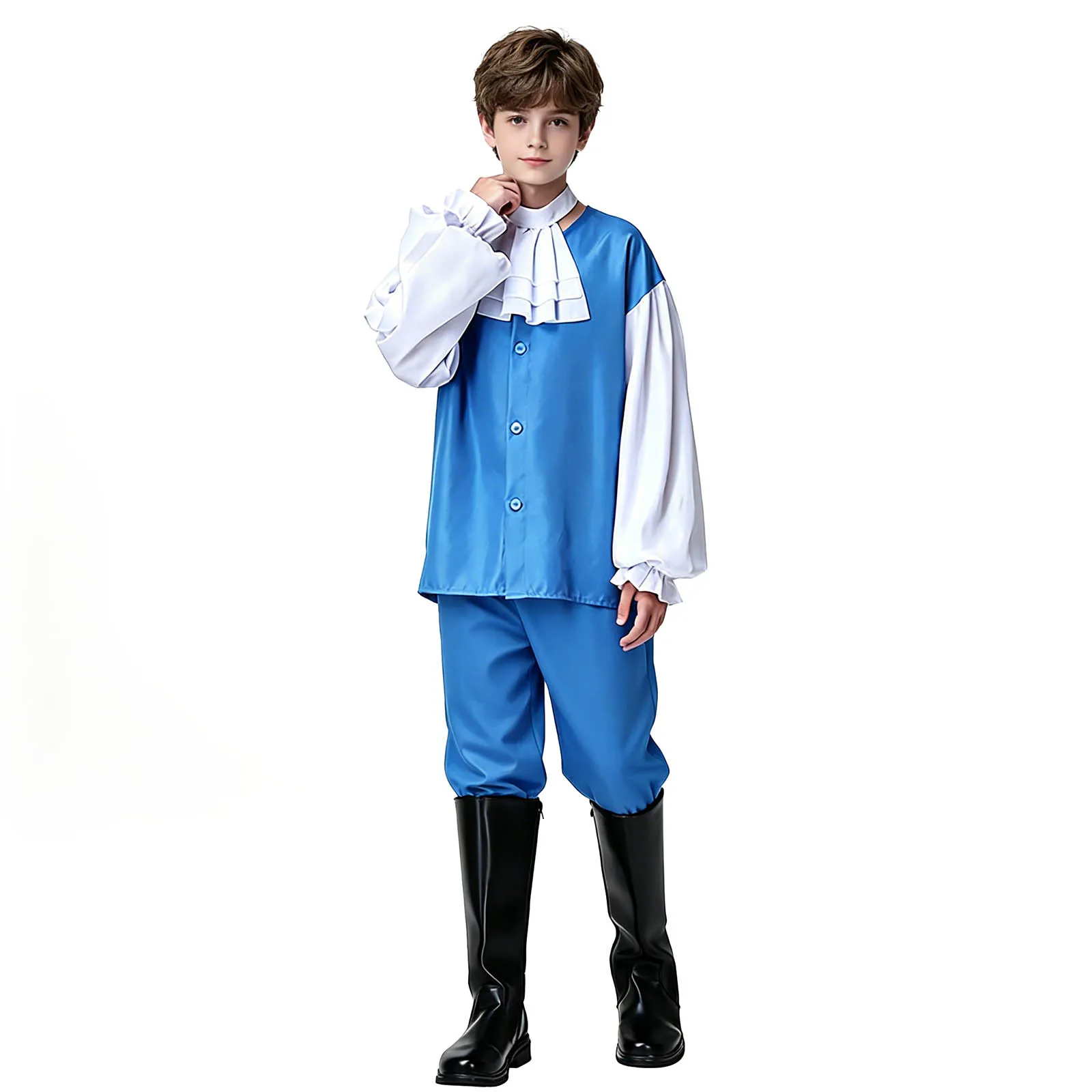 Kids Boys Court-style European Noble Prince Costume Lantern Sleeve Top And Ruffle Faux Collar Pants Halloween Performance Outfit - view 4