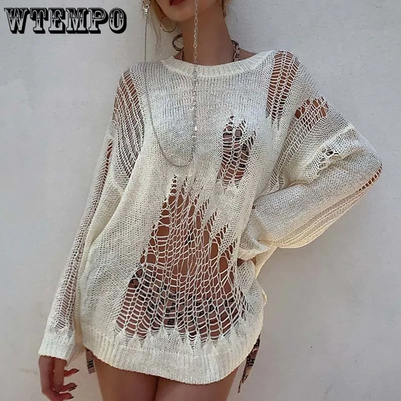 Black Hollow Knit Sweater Women\'s Round Neck Thin Pullover Hotsweet Long Sleeve Top Pull Jumper Korean Fashion Autumn Streetwear