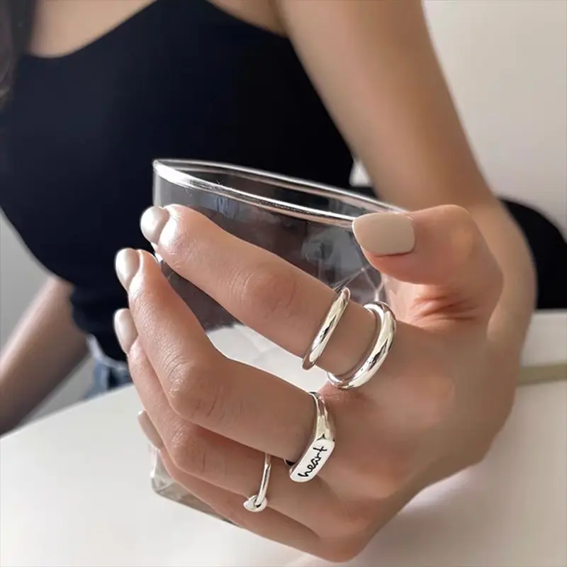 Anillos geométricos de Plata de Ley 925 para mujer, sortija Vintage abierta, ajustable, Bohemia, de doble línea única, para regalo de cumpleaños y fiesta