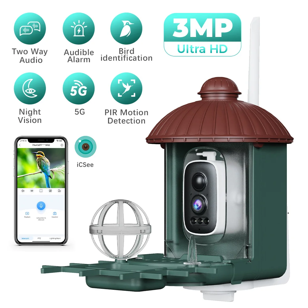3MP HD Smart Bird Watching 5G WiFi Outdoor Bird Feeder Camera Two Way Audio Bird Identification Night Vision Motion Detection