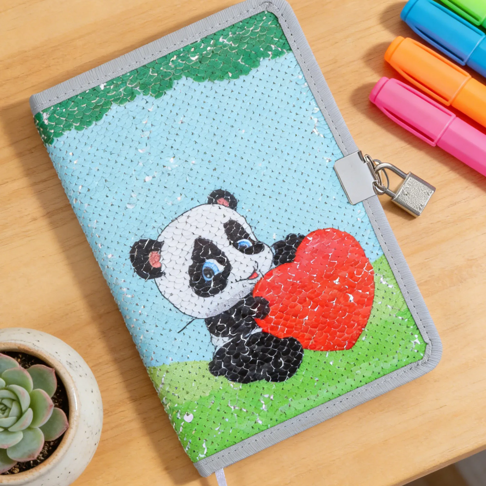 A5 Reversible Sequin Panda Notebook Lined Diary with Lock and Key for Kids Girls School Writing Travel Journal Cute Animal