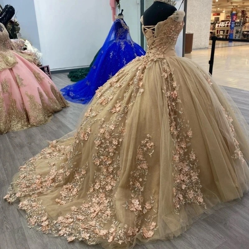 Luxury Princess Women Prom Dancing Dresses Cap Sleeve 3d Floral Crystal Puffy Skirt Vestido De XV Anos Sweet 15 16 Quinceanera