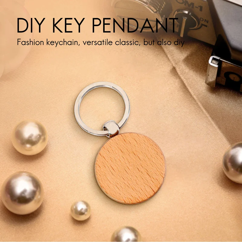 (NEW) 20Pcs Blank Round Wooden Keychain DIY Wooden Keychain Key Tag Gift