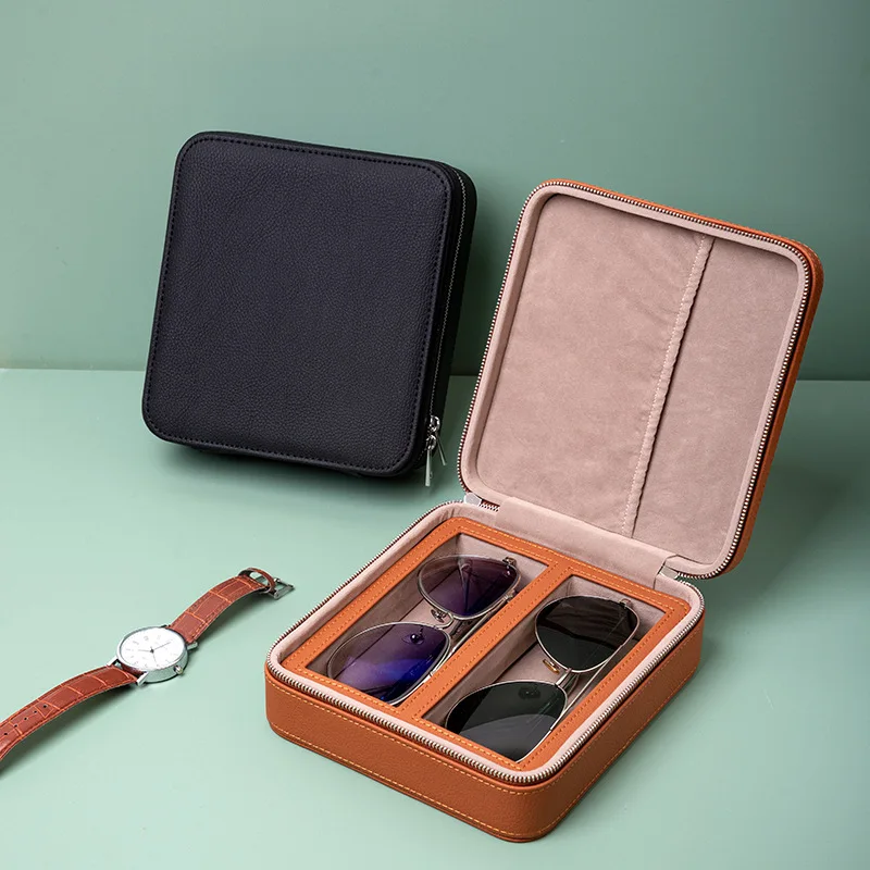 Anti-pressure Sunglasses Case Cowhide Genuine Leather Multi Compartment Organizer Eyewear Accessories Storage Eyeglass Protector