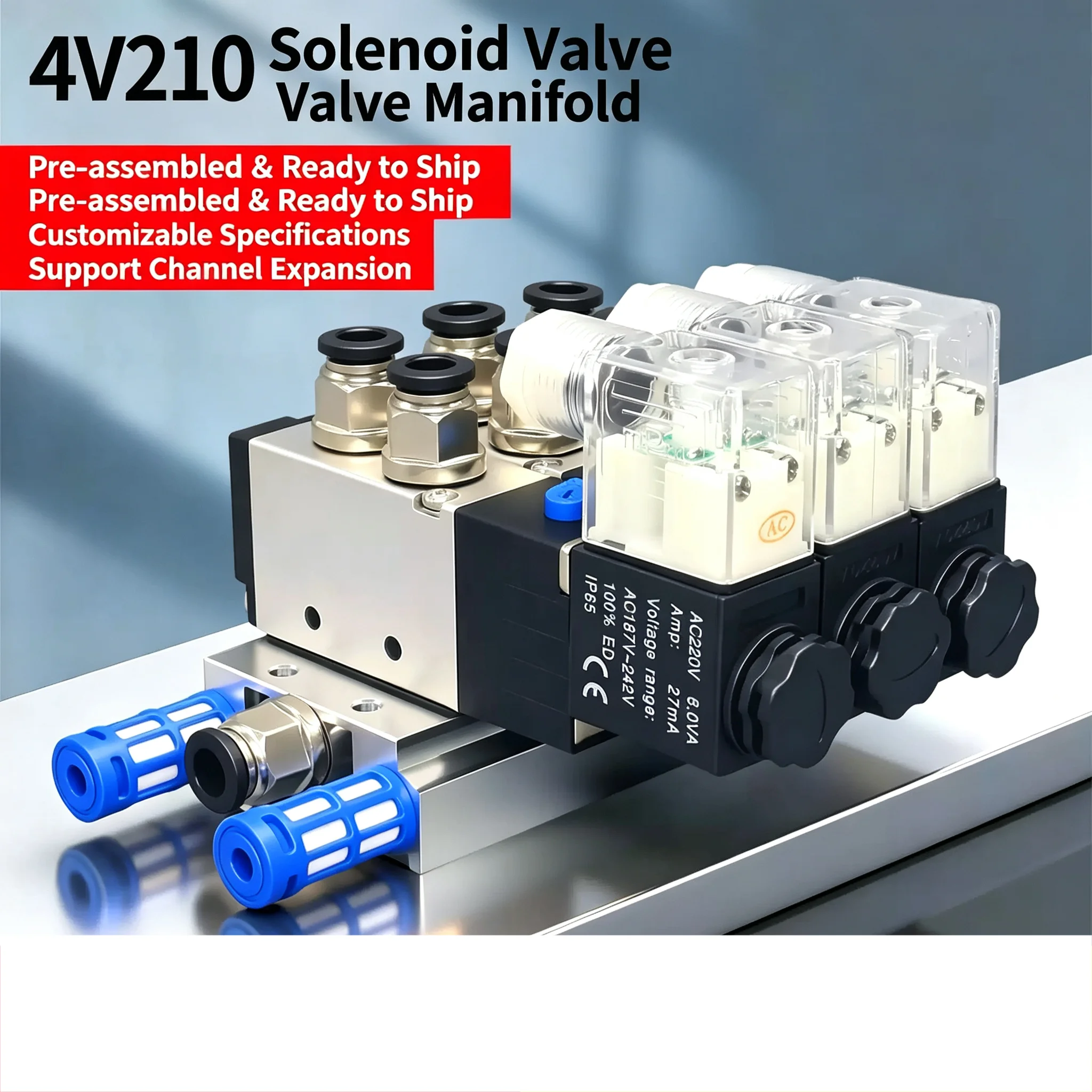 4V210-08 Pneumatic Solenoid Valve Block12/24V DC 110/220V AC Multi Option With Muffler Fitting Base Manifold 2/3/4/5/6/8/10 Way