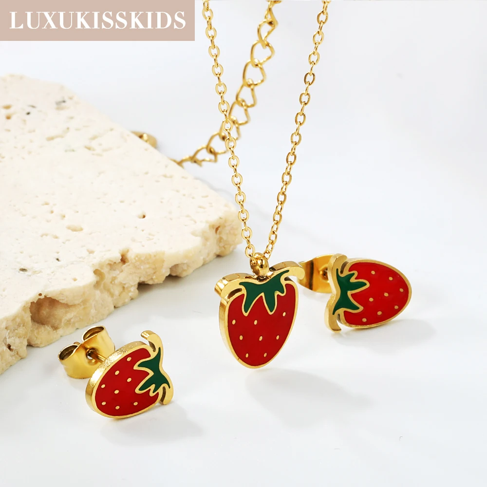 LUXUKISSKIDS Cute Red Strawberry Necklace Girls Party Favors Acrylic Starwberries Earrings Studs Sweet Women's Two Pieces Sets