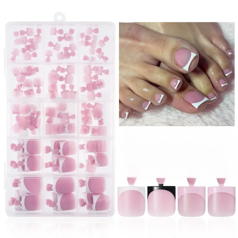150pcs set de uñas postizas francesas para pies, verano, cortas cuadradas, brillantes, acrílicas de cobertura total, para salón 6