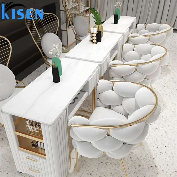 Kisen modern style beauty salon nail station furniture double marble top portable white manicure table