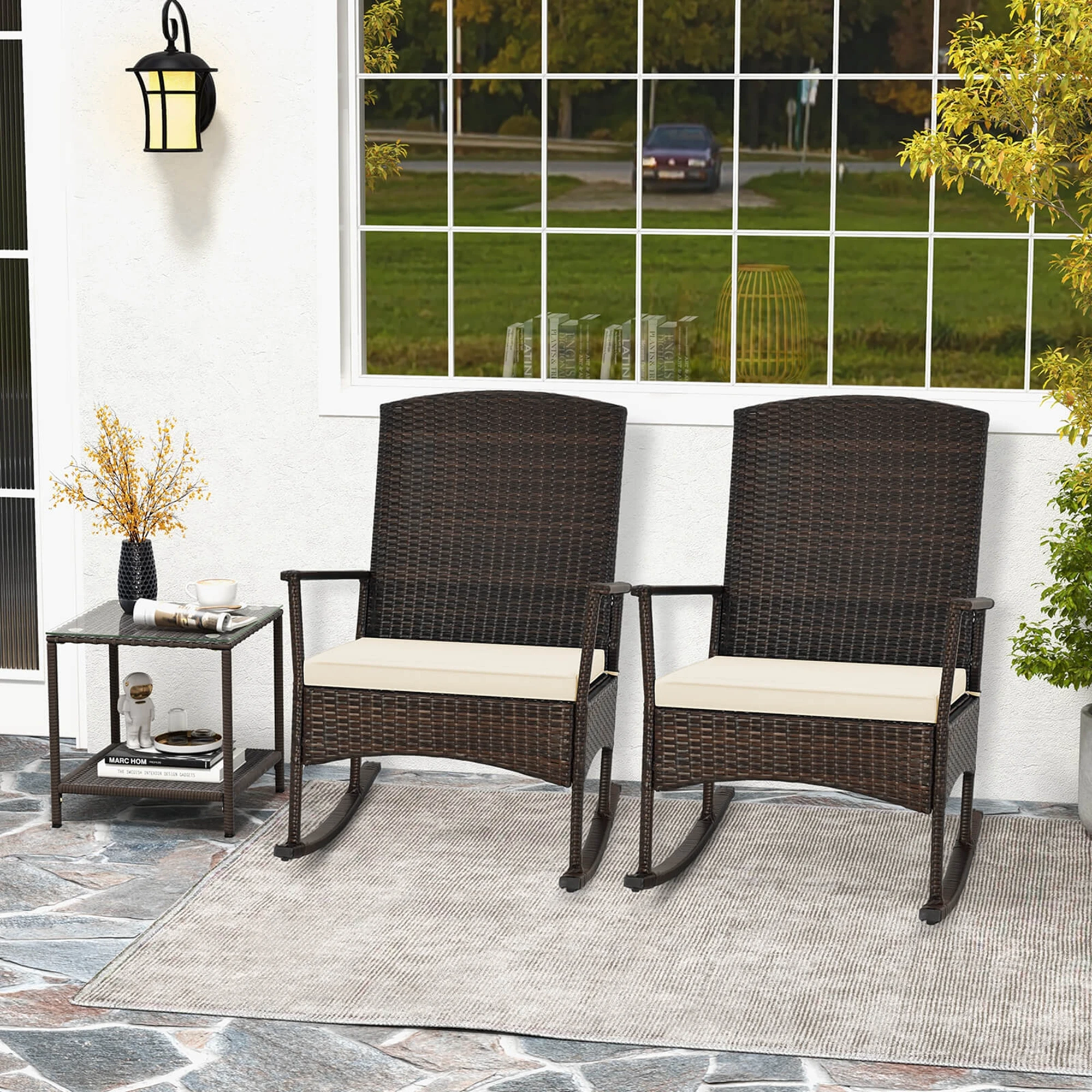 Pátio Wicker Cadeiras de balanço Set, Mesa de café 2 camadas, Off White, 3 pcs