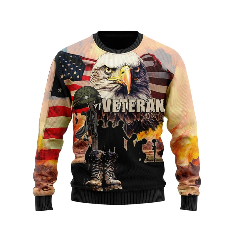 American Veteran Ugly Christmas Sweater For Men Clothes Casual Male Streetwear USA Soldier Graphic Sweatshirts Autumn Unisex Top