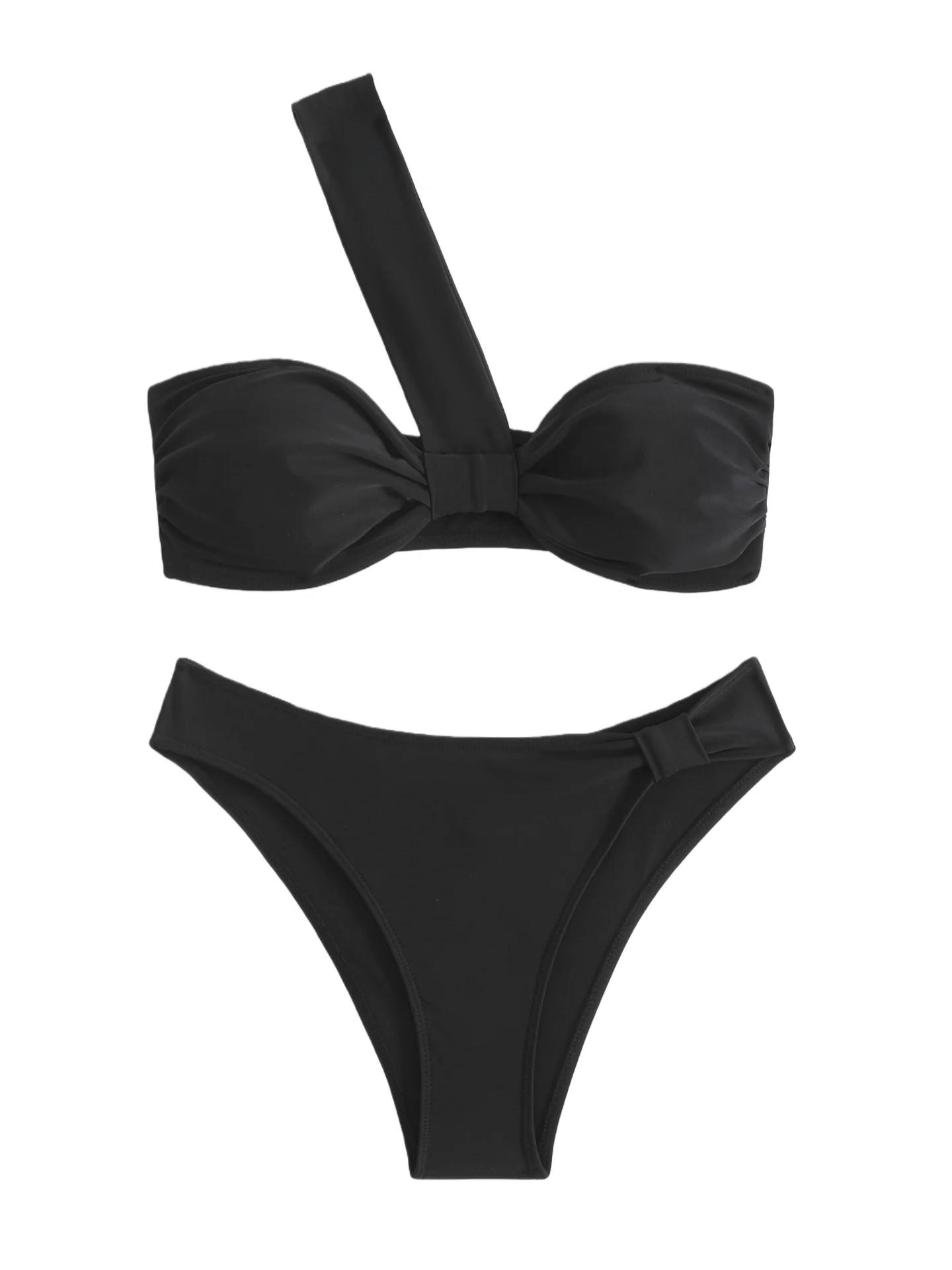 Sexy schwarzes Bandeau-Bikini-Set, einschulterig, asymmetrisch, hohe Taille, hoher Schnitt, zweiteiliger Badeanzug für Damen, Strandurlaub