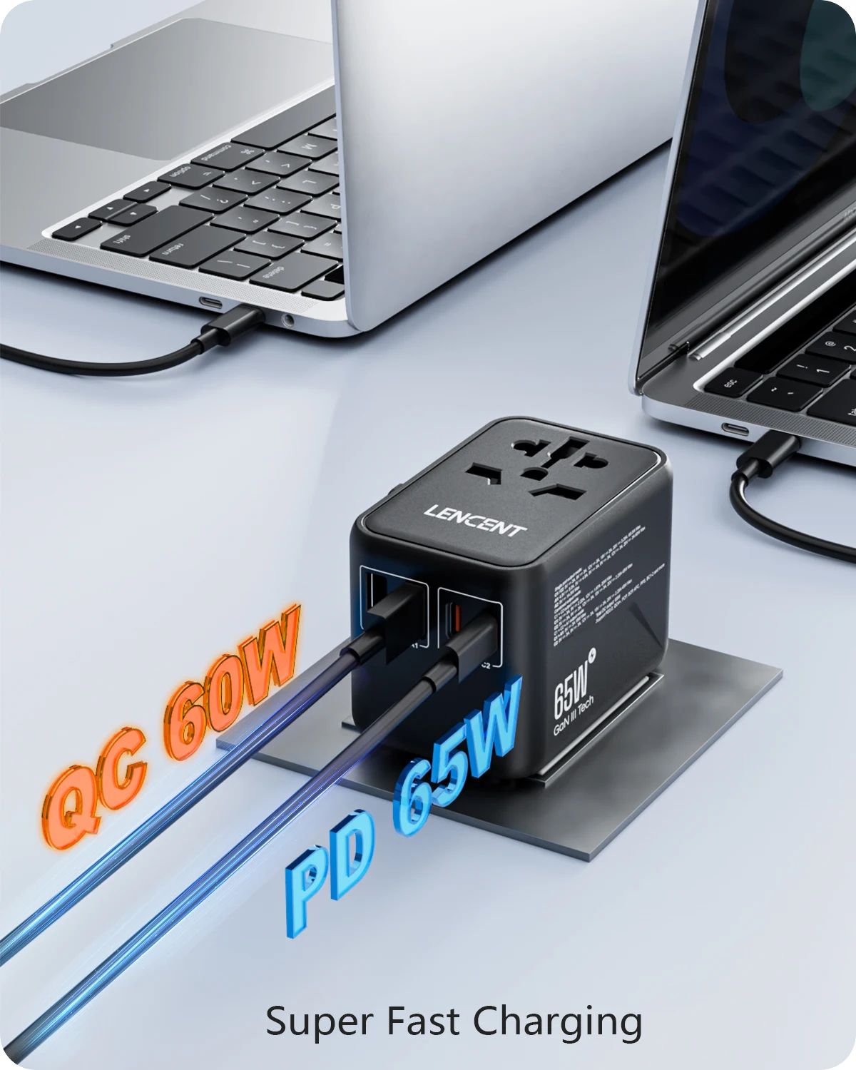 Uniwersalny adapter podróżny GaN LENCENT 65 W z 2 portami USB + 2 szybkie ładowanie typu C z wtyczką EU/UK/USA/AUS do podróży