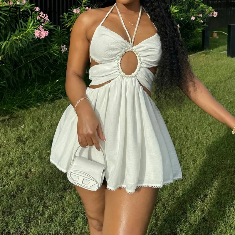 Slergiri Damska Biała Sukienka z Wycięciami i Koralikami, Wiązana na Szyi, Jesień 2024, Seksowna, Bez Pleców, z Wysokim Stanem, Słodka Sukienka na Imprezę, Krótka Sukienka w Kształcie Litery A