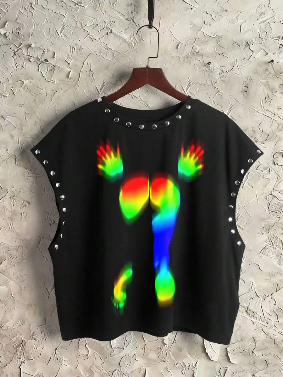 

Loose Cropped Tank Top With Rainbow Silhouette Print And Studs Streetwear