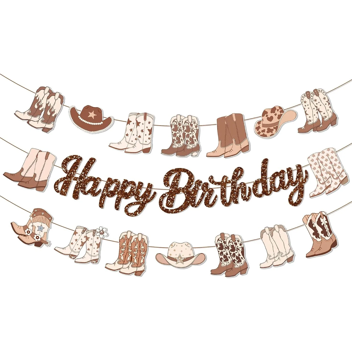 Brown Western Cowboy Happy Birthday Banner Cherry Bow Boots Party Hanging Banner Cowboy Theme BirthdayParty Supplies Decoration