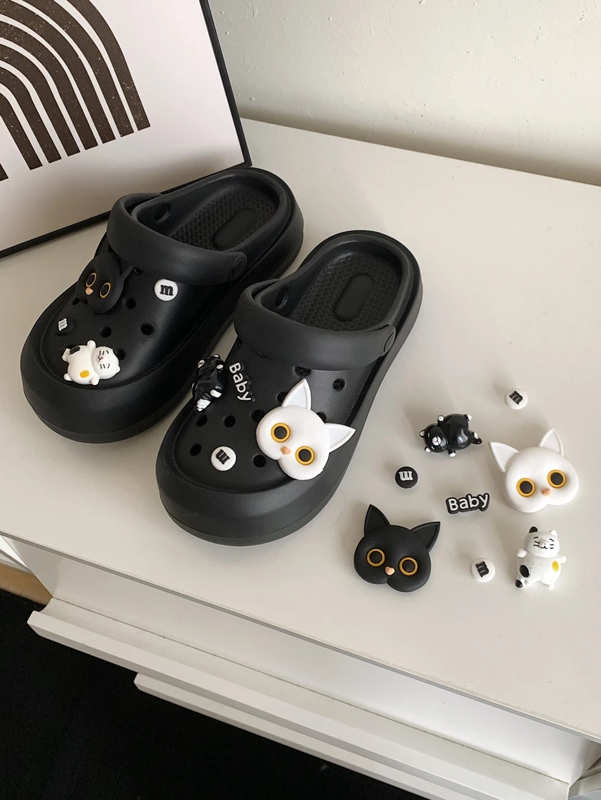 Cute Cat Slippers Garden Sandals Shoes Black And White Slippers For Women's Summer EVA Thick Soles Cool DIY Hole Shoes