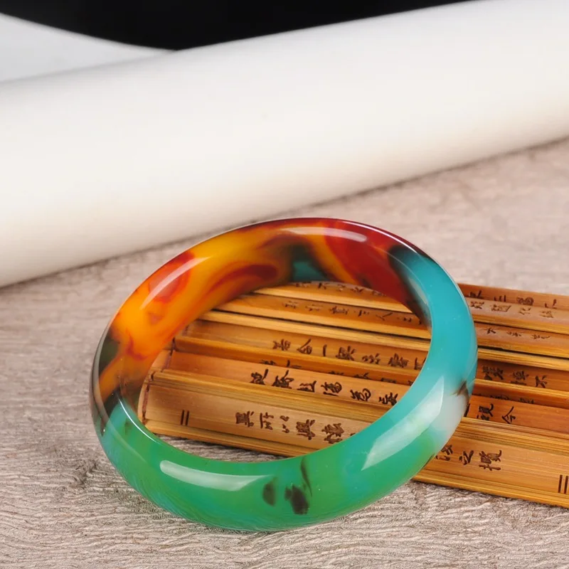 

Gold Silk Red-Green Bracelet, Women's Colorful Jade Jewelry, Three-Color Wide and Thick Bangle