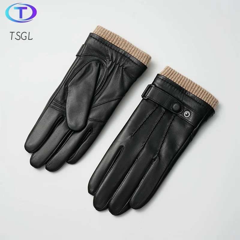 

New Fashion Business Driving Winter Men Genuine Sheepskin Leather Gloves Boy Autumn Warm Touch Screen Full Finger Black Gloves