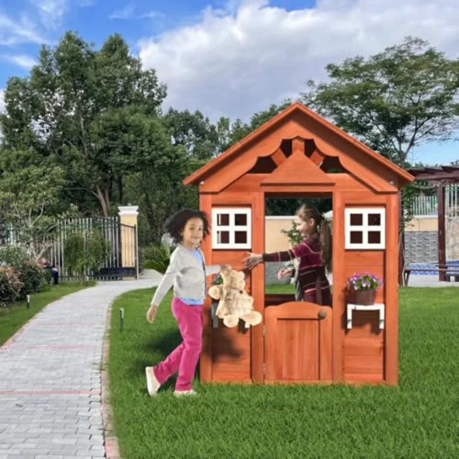 

Outdoor kids playhouse for backyard use, solid fir wood, golden red, weather-resistant with 2 windows and flowerpot holders, di