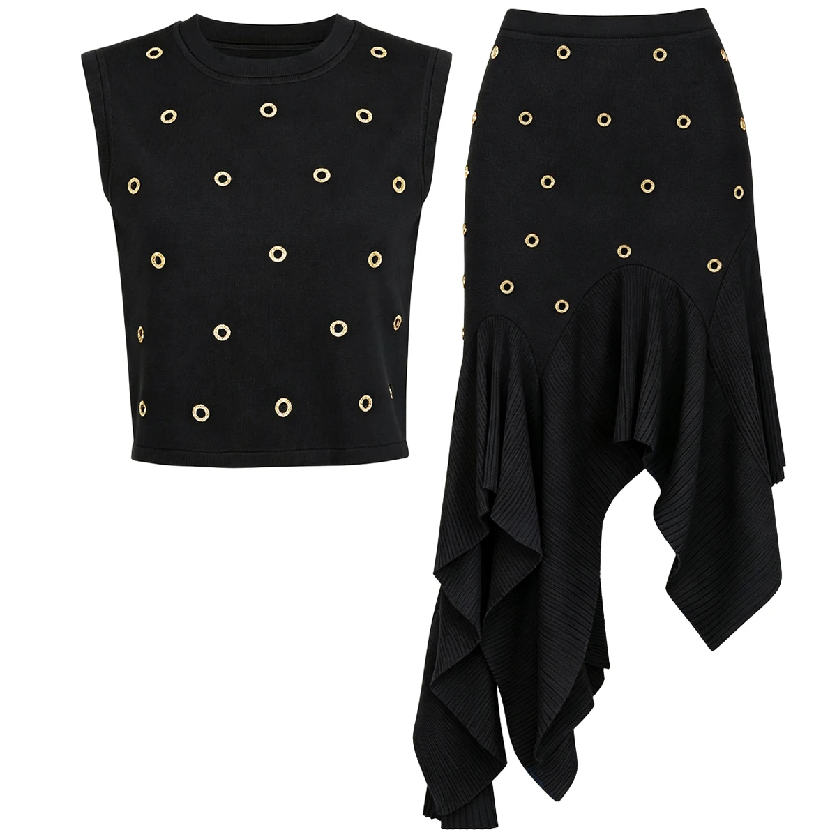 26239High‑Quality Women Matching Set Gold Embellished Sleeveless Vest Slim Fit Asymmetrical Skirt Luxury Club Party 2‑Piece Suit