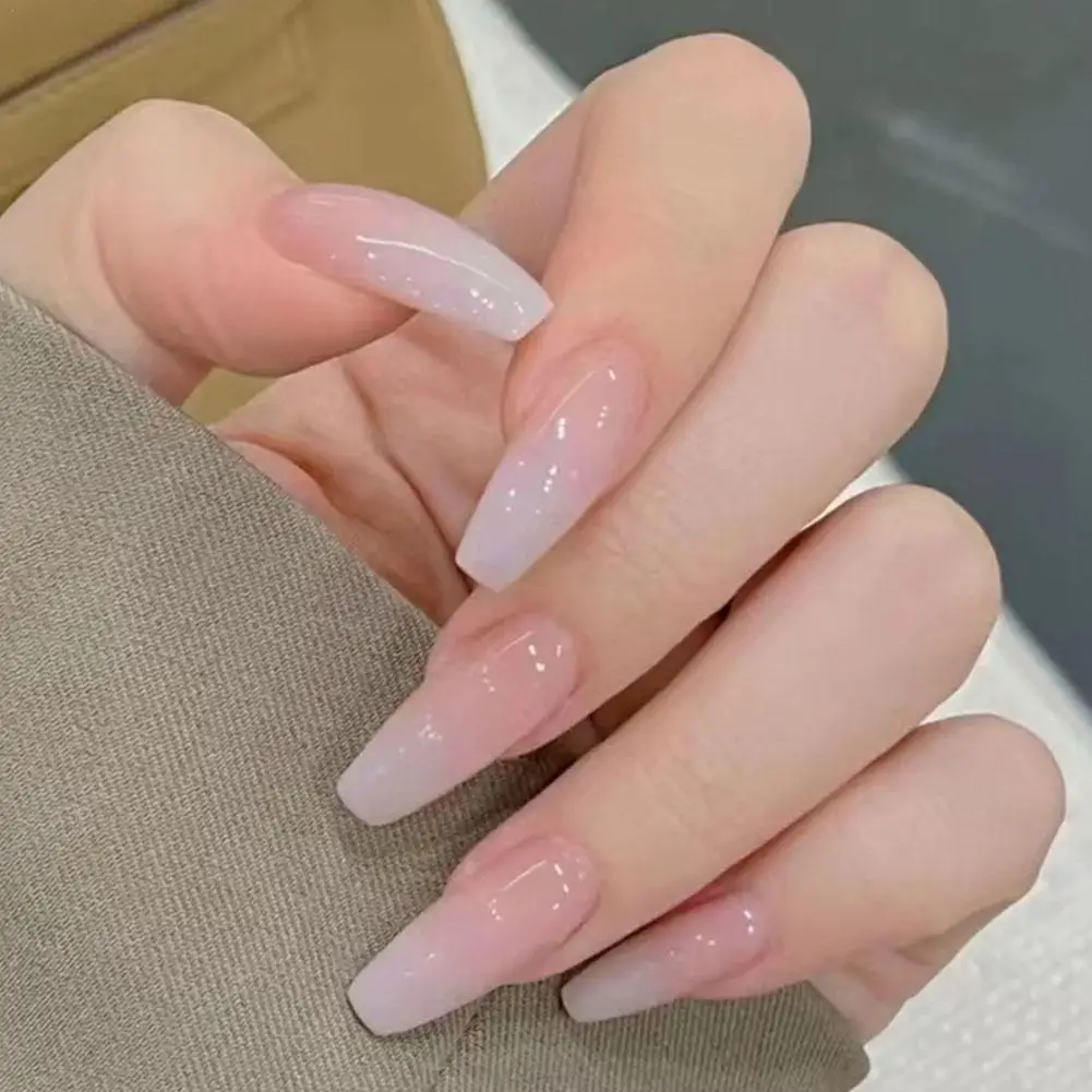 24Pcs/Box Gradient Color Artifical Press On Nails With Glue Long Coffin Fake Nails Lovely Girls Nail Art Ballerina False Nails