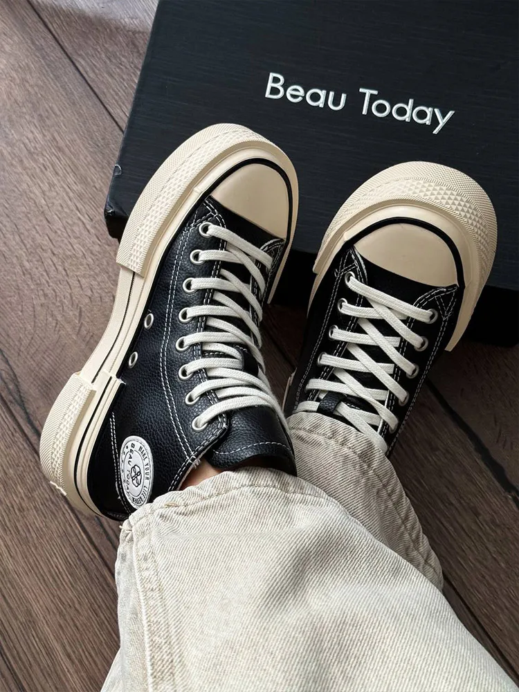 BEAUTODAY High-top Canvas Shoes Women Geninue Cow Leather Spring Sneakers Lace-up Fashion Ladies Shoes Handmade 29249