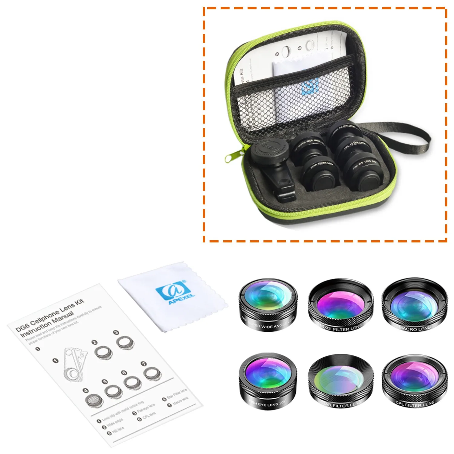 APEXEL New 6In1 Kit Camera Lens Photographer Mobile Phone Lenses Kit Macro Wide Angle Fish Eye CPL Filter for iPhone Xiaomi Mi9