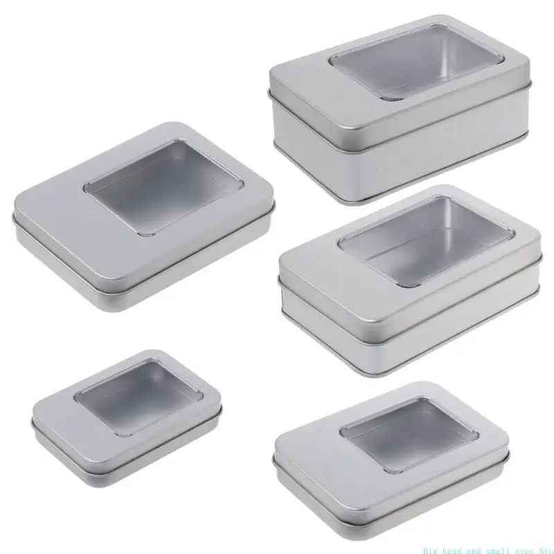 Rectangular Tin Silver Storage Box Case with Half Clear Window Lid