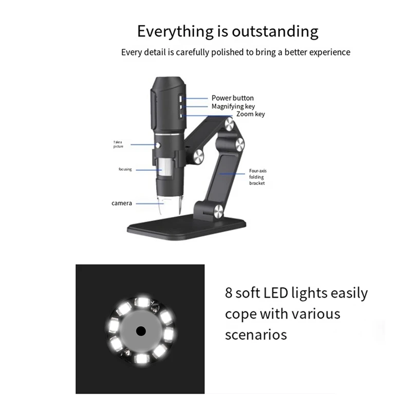 Wireless Microscope,Wifi USB Digital Handheld Microscope, 50 To 1600X Wireless Magnification 8 LED With Metal Stand