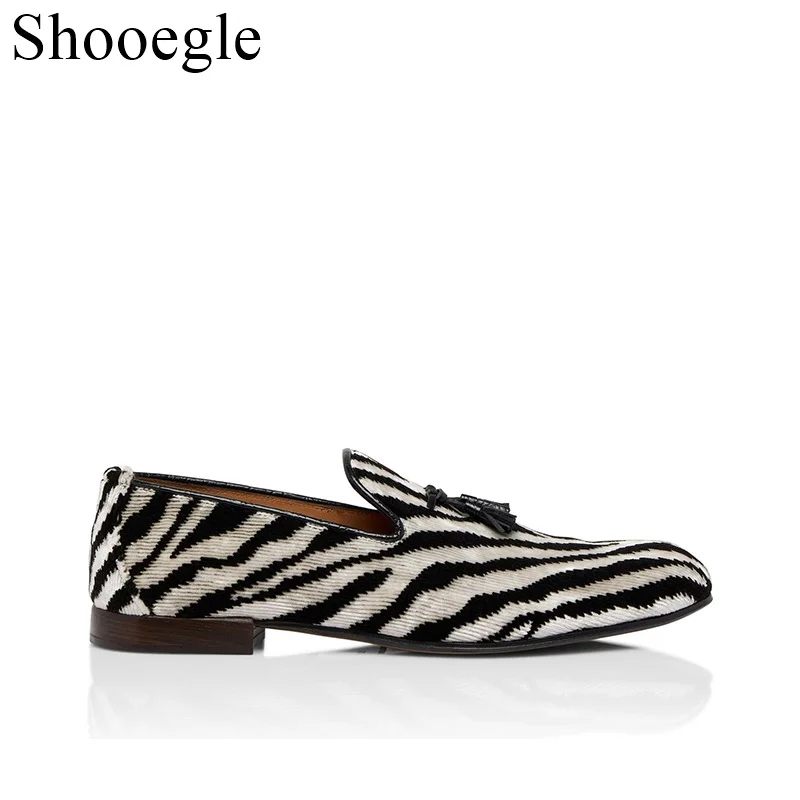 Tassels Leopard-print Low-heel Animal Print Pattern Loafers Foot Groove Design Party Wedding Office Casual Shoes Men