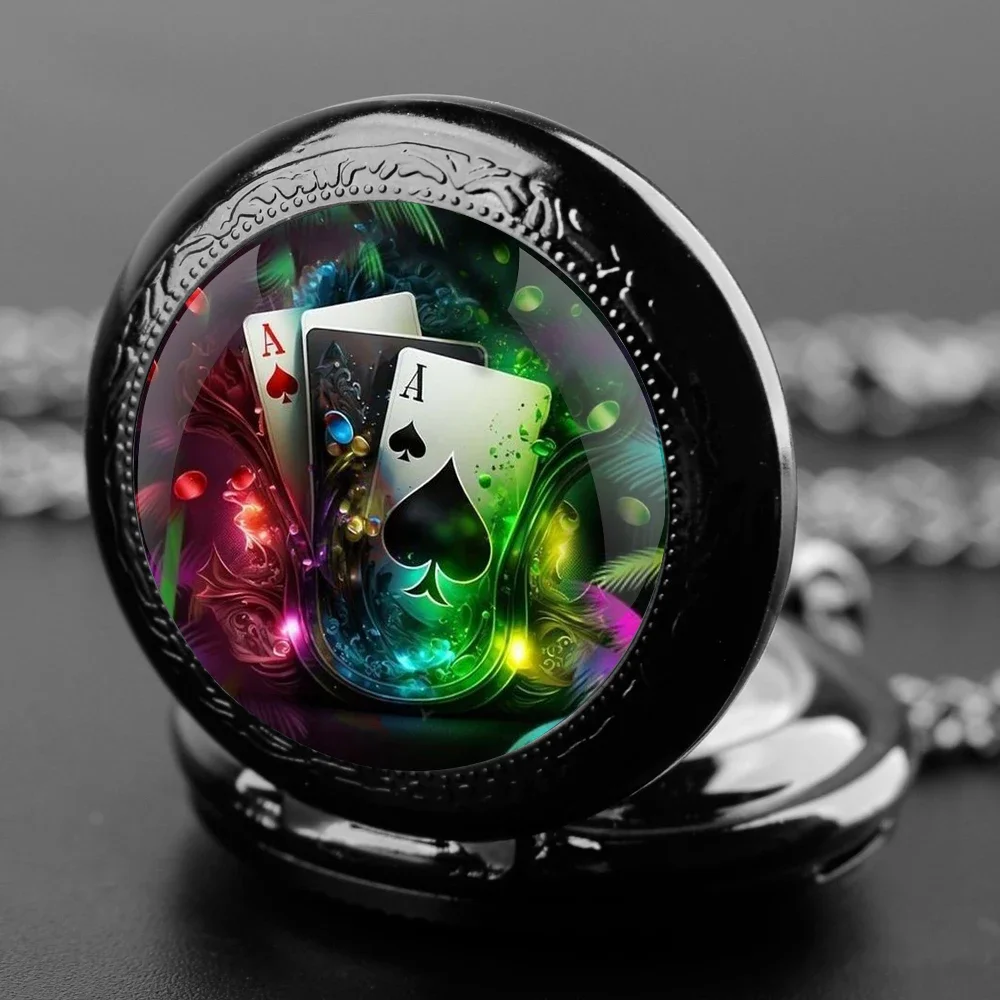Requintado mágico poker cúpula de vidro relógio de bolso de quartzo com corrente numeral árabe dial feminino colar pingente presentes homem relógios