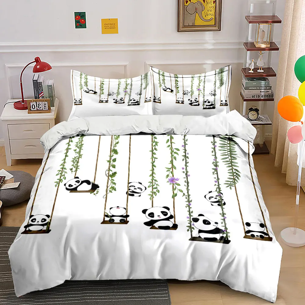 Cute pandas on swings cartoon Bedding Set for Kids Luxury Gift 3pcs Digital Print Comforter Set Soft Comfortable Breathable