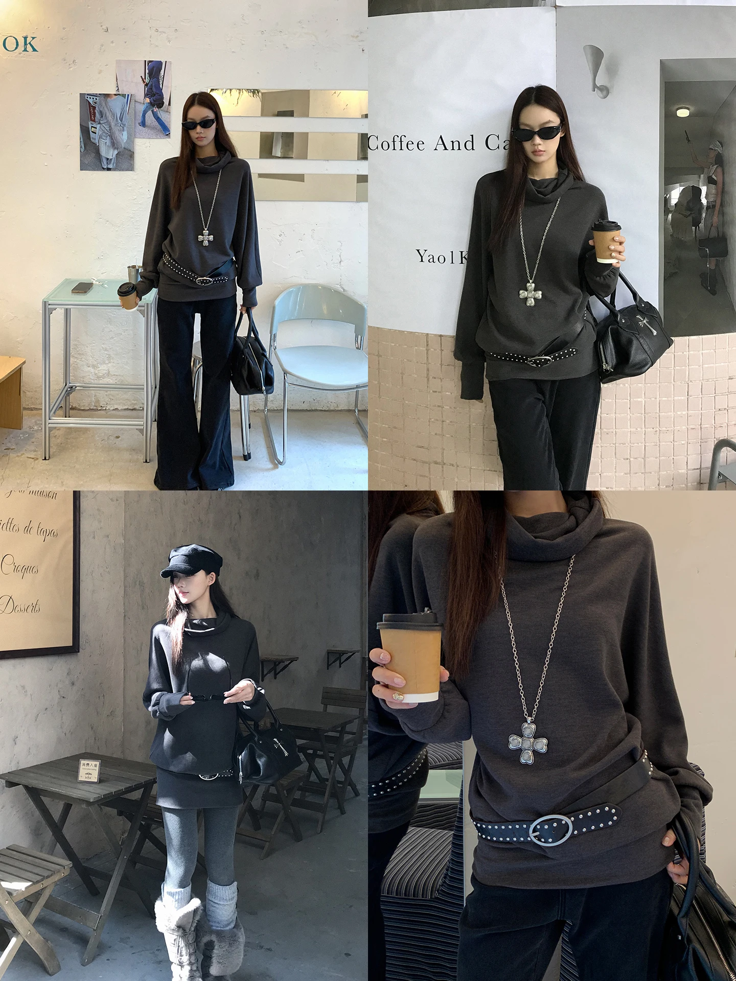 

ay High Collar Long Sve Base irt Women's Faionable Commute Sle Inner Wear T-irt Can Be Worn outside Red Personal...