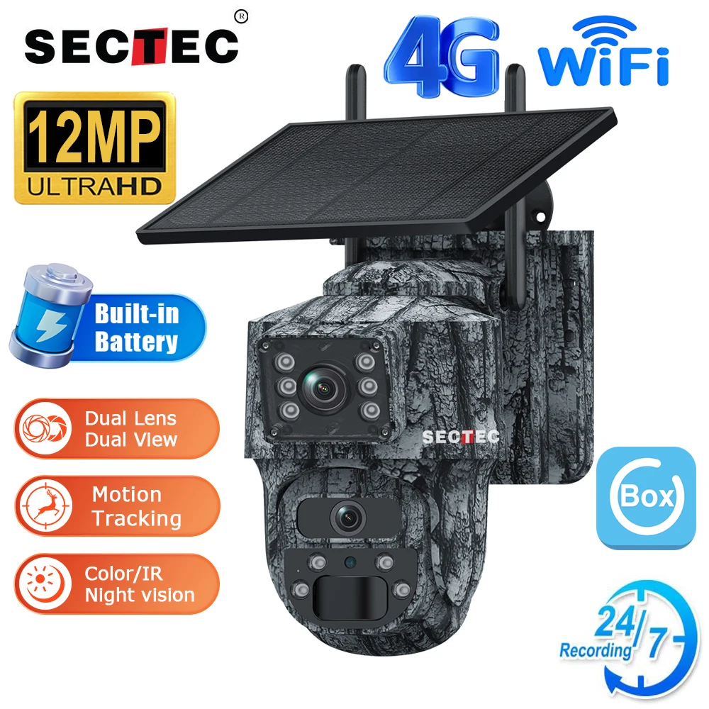 

SECTEC 4G SIM Monitor 12MP 6K Dual Lens Solar Battery PTZ Wifi Security Outdoor Surveillance Camera PIR Human Detection Ubox App