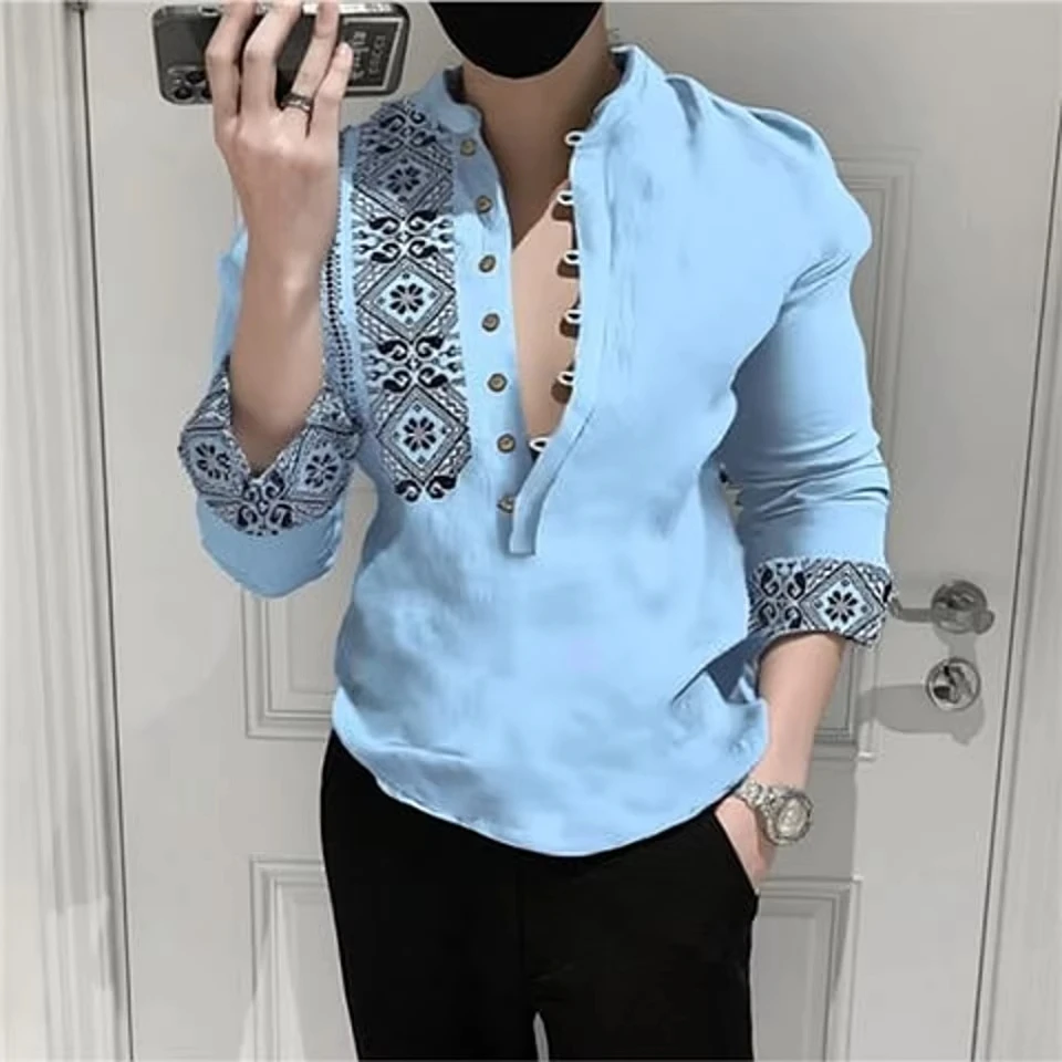 Men Shirt Printed Korean Fashion Spring Summer Long Sleeve Lined Tee 7 Buttons Street Trend Pattern Slim New  Male Top Clothing