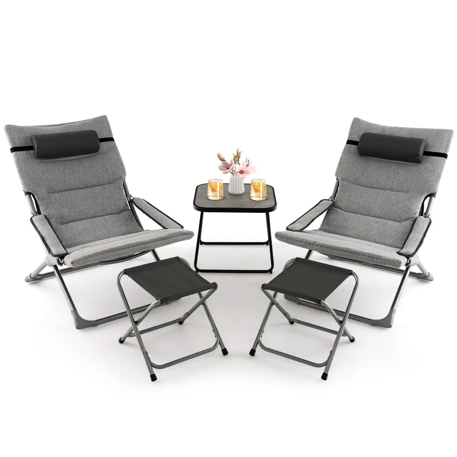 GOFLAME 5pcs Patio Folding Sling Chair Set Ottoman Table Portable Headrest Outdoor Beach