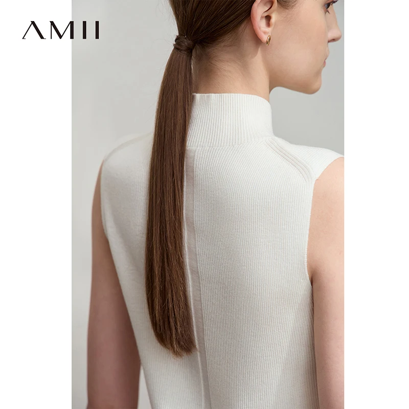 

AMII Summer Casual Sweater for Women 2025 Solid Mock Neck Sleeveless Pullover Lady New Fashion Slim Fit Sweaters Female 12541027
