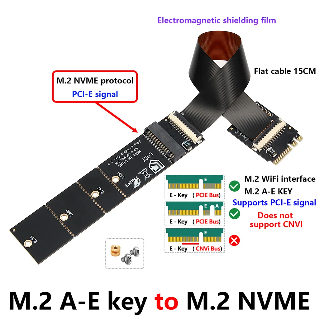 M.2 A‑E Key to M.2 NVMe M‑Key Adapter Cable 15CM FPC Ribbon Cable for M.2 WiFi Slot Flexible Riser Cable For NVMe SSD Expansion