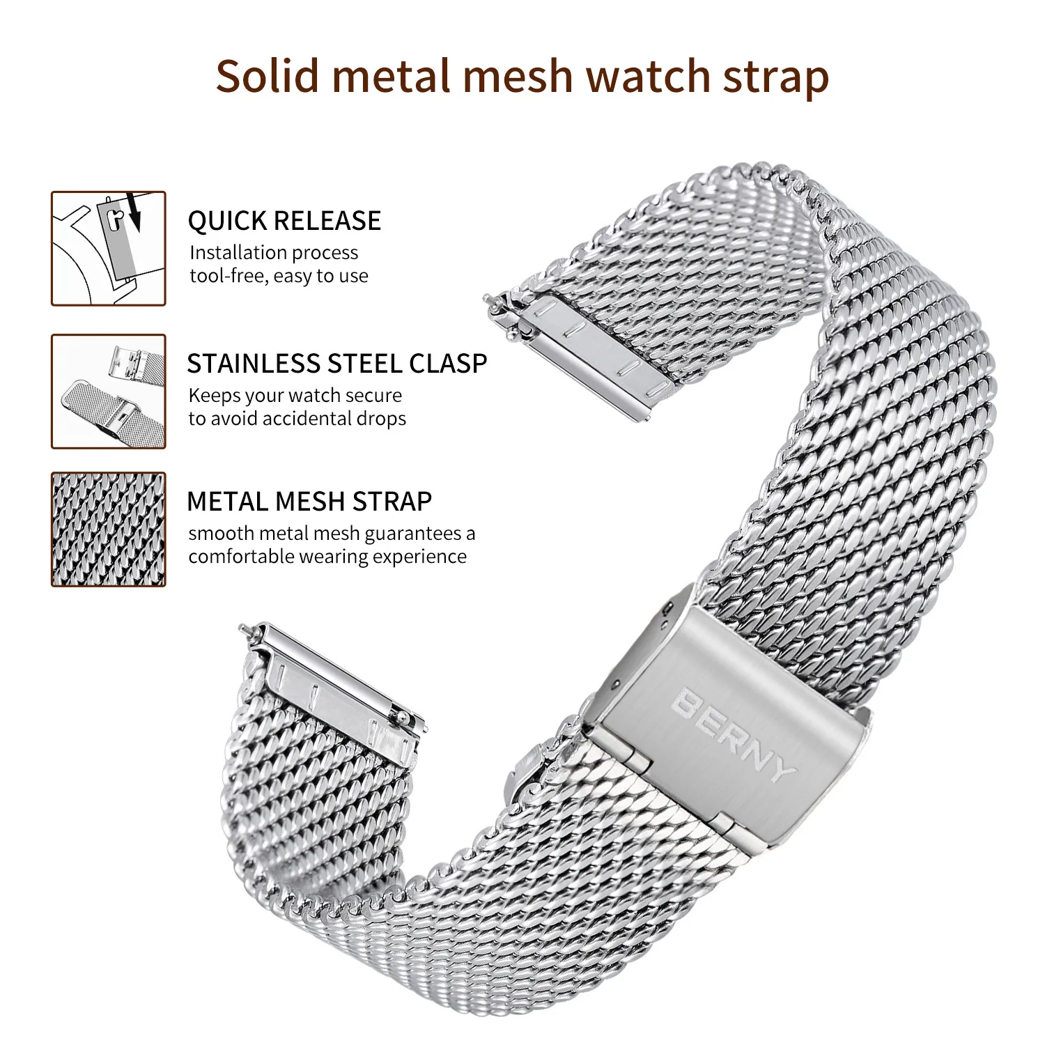 Watch Band Stainless Steel Metal Mesh Quick Release Strap Milanese Bracelet for Replacement Easy Resize Watch Clasp Waterpoof