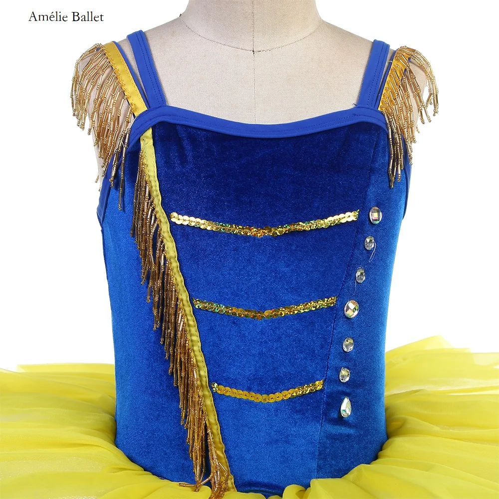 19839 ガールズバレエステージパフォーマンスダンススカート ロイヤルブルーベルベット ゴールドトリム付き イエローチュールダンスドレス