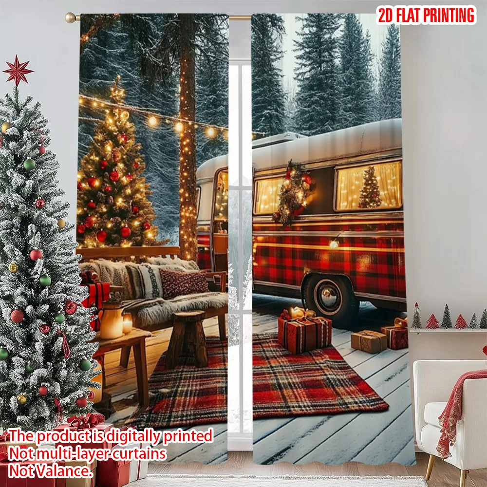 

2pcs 2D flat printing Merry Christmas Window Curtains Christmas camping Versatile Fabric Without Electricity Family Party
