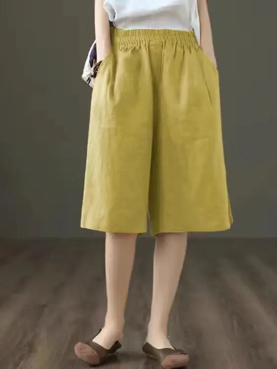 ارتفاع الخصر القطن الكتان خمس نقاط orts المرأة الصيف رقيقة فضفاضة عادية مستقيم الساق السراويل بنطال ذو قصة أرجل واسعة عادية Sle