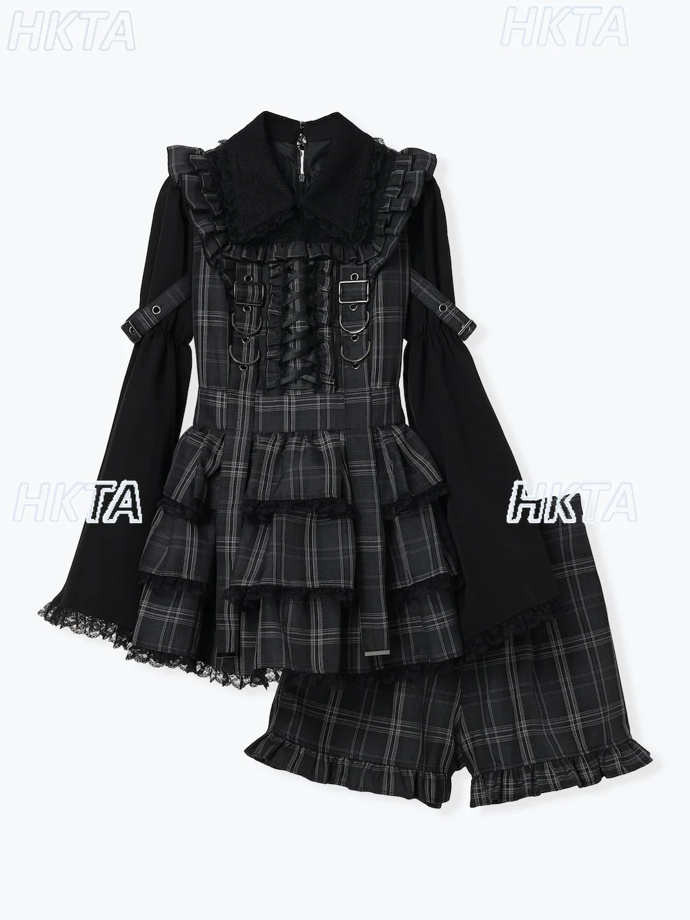 

Японский комплект кружевного платья с рукавами-колокольчиками для темных девушек, женский весенне-осенний винтажный модный комплект из торта, шорты, комплект из двух предметов